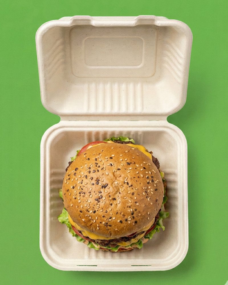 Double Burger in Bagasse Box - Eco-Friendly Burger Packaging