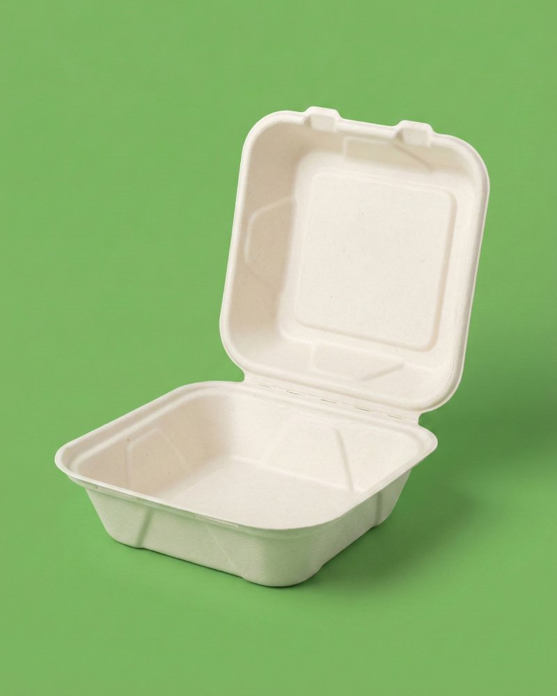 6x6 Inch Small Bagasse Clamshell Container - Eco-Friendly Takeout Box