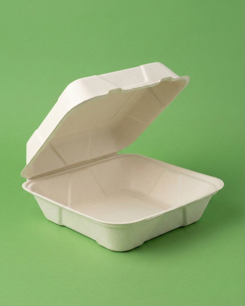 9x9 Inch Large Bagasse Clamshell Container - Eco-Friendly Takeout Box