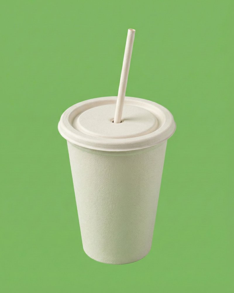 Bagasse Flat Lid with Straw - Eco-Friendly Compostable Cup Lid
