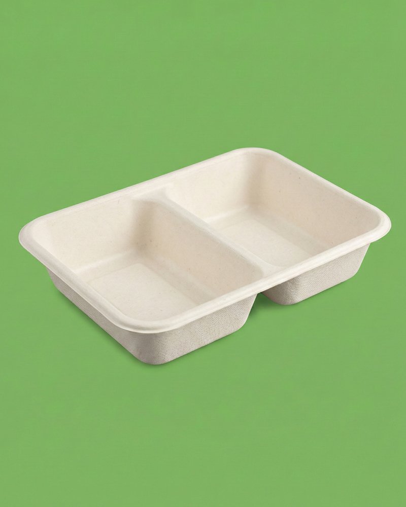 2 Compartment Equal Bagasse Meal Tray - Eco-Friendly Divided Tray