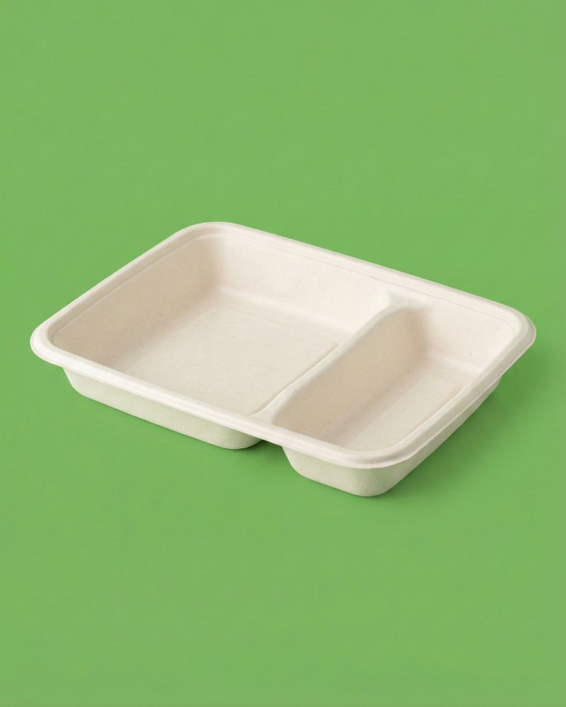 2 Compartment Unequal Bagasse Meal Tray - Eco-Friendly Divided Tray