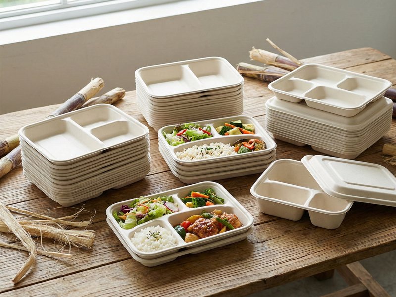 Bagasse meal trays with compartments
